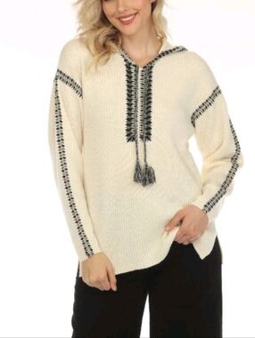 Johnny Was Cream Hooded Crewneck Sweater with Black Whipstitch